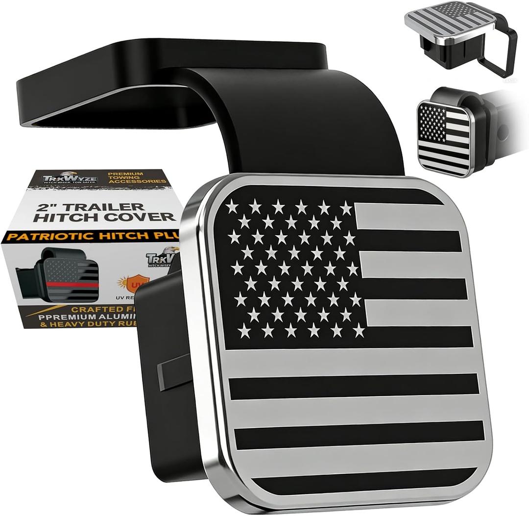 Aluminum American Flag Trailer Hitch Cover for 2 Receiver, CAR-WASH-Safe, Heavy-Duty Rubber Base, Rust-Proof Tow Hitch Covers, UV-Resistant Flag Hitch Cover (Chrome)