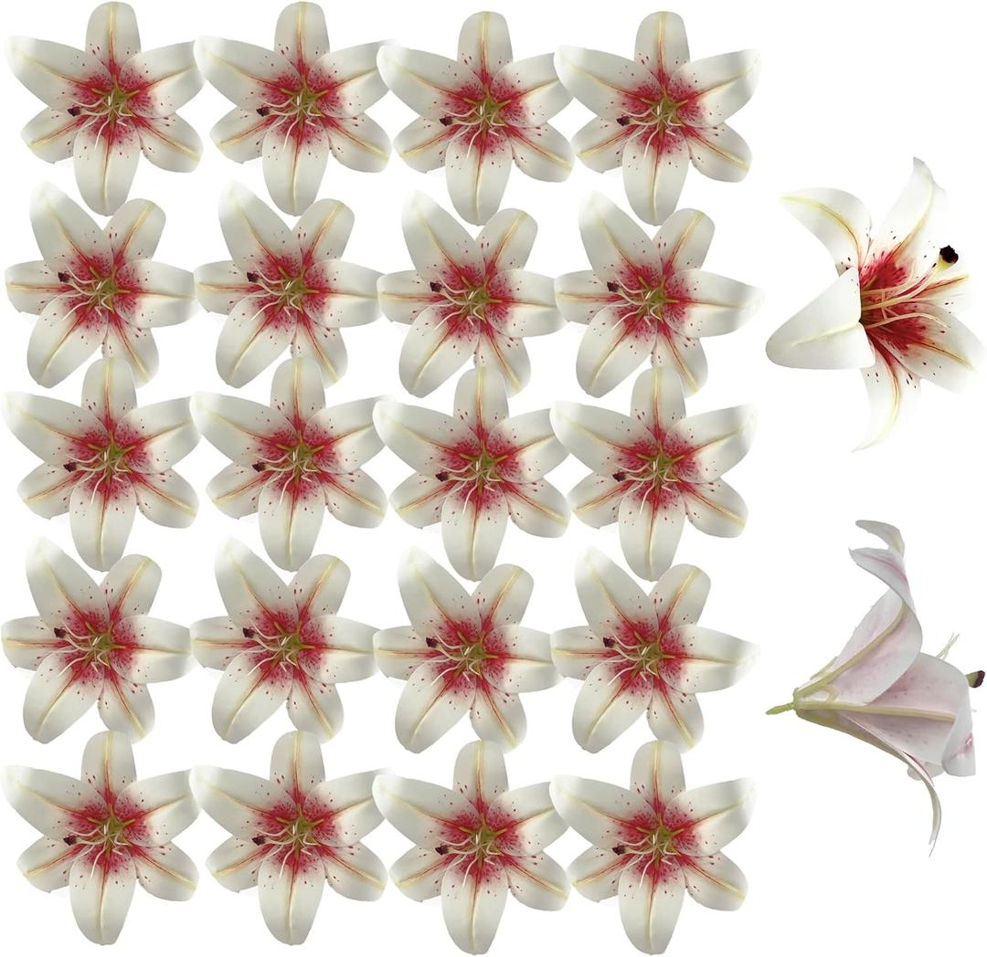 20PCS 6 Inch Large Artificial Lilies Flower Heads with Realistic Stamens, Bulk Silk Fake Lilies for DIY Crafts, Wedding Decor, Cake Decorating, Centerpieces, Home Decor (White Pink)
