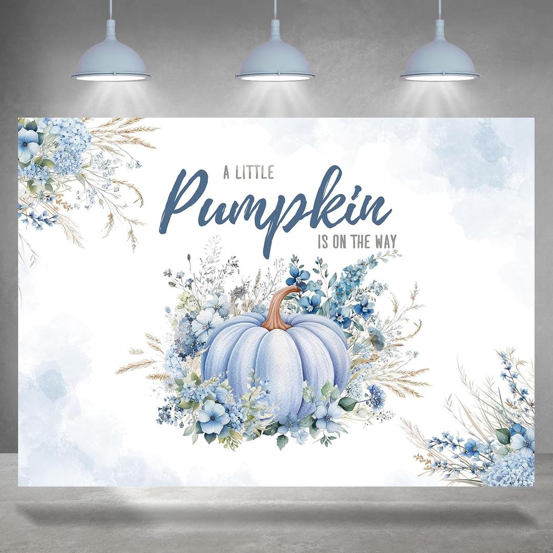 Blue Pumpkin Backdrop Baby Shower Blue Floral A Little Pumpkin is On The Way Photography Background Baby Shower Party Decoration Supplies Cake Table Banner Photo Booth Props 7x5ft