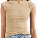 Tankaneo Womens Cap Sleeve Tops Crew Neck Ribbed Knit T Shirt Summer Casual Slim Fit Basic Tees Tshirt (Beige)