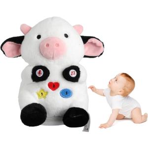 Interactive Cow Stuffed Animal Baby Toy, Singing Talking & Sliding Soft Sensory Educational Cow for Kids Ages 1-3, Sensory Tummy time Toy for Toddlers Easter Christmas Boy Girl Gift