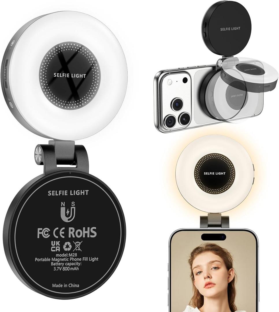 CloudValley Magnetic Selfie Light with Mirror, 3-in-1 Portable LED Ring Light for iPhone & Android, Rechargeable Foldable Holder, Adjustable Brightness & Color, Perfect for Video, Photo & Makeup