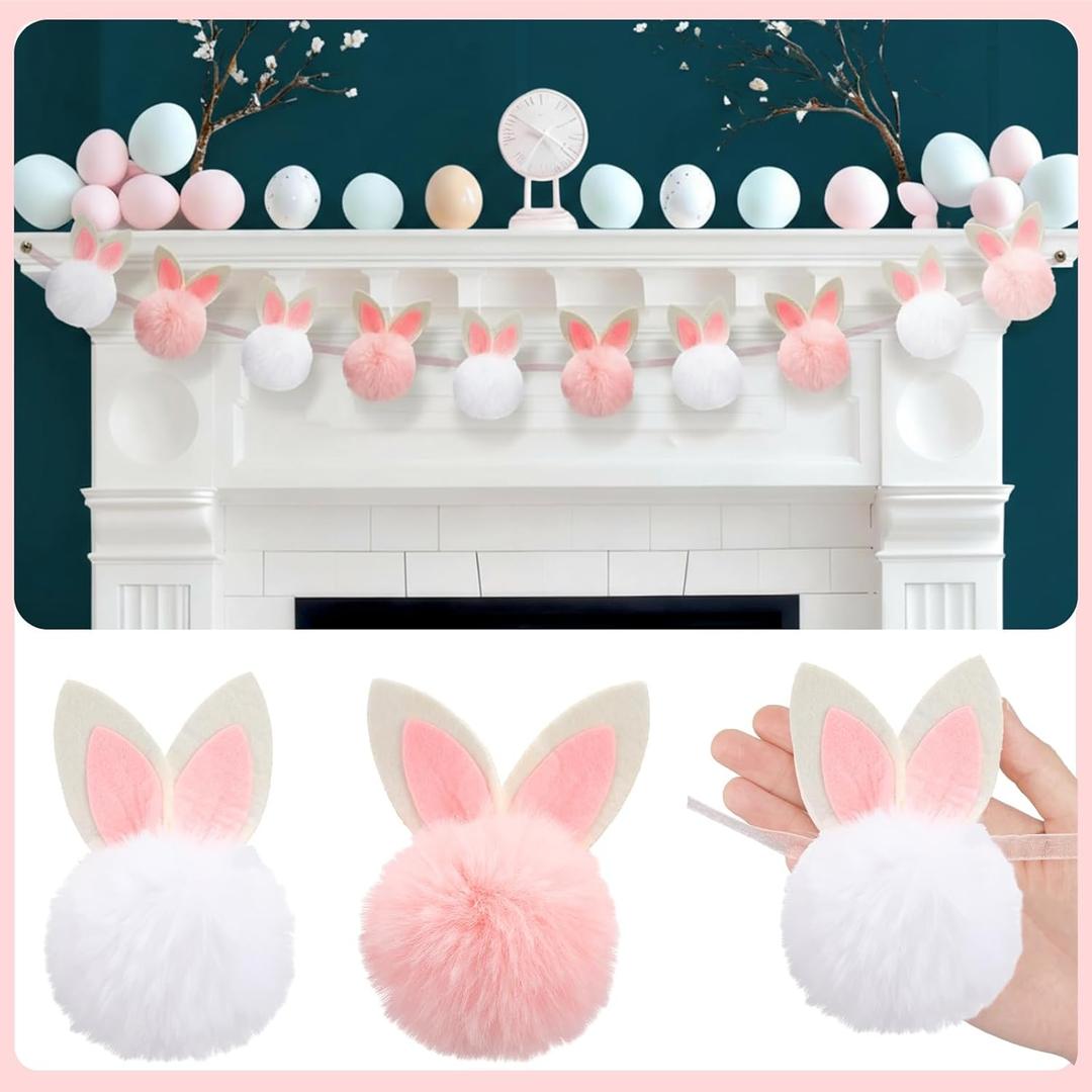 VitalCozy 8.2ft Easter Decorations Garland Cute Short Plush Bunny Garland Felt Ears Easter Banner Decorations for Spring Holiday Party Tree Wall Fireplace Mantle Home Indoor Outdoor Spring Decor (White and Pink)