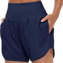 THE GYM PEOPLE Womens High Waist Running Shorts with Liner Athletic Hiking Workout Shorts Zip Pockets (Blue, L)