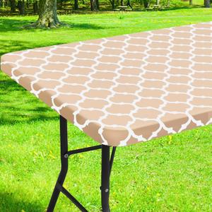 Smiry Rectangle Picnic Table Cover, Waterproof Elastic Fitted Camping Tablecloths for 4 Foot Tables, Wipeable Flannel Backed Vinyl Tablecloth Protector for Indoor, Outdoor (Khaki, 30x48 Inches)