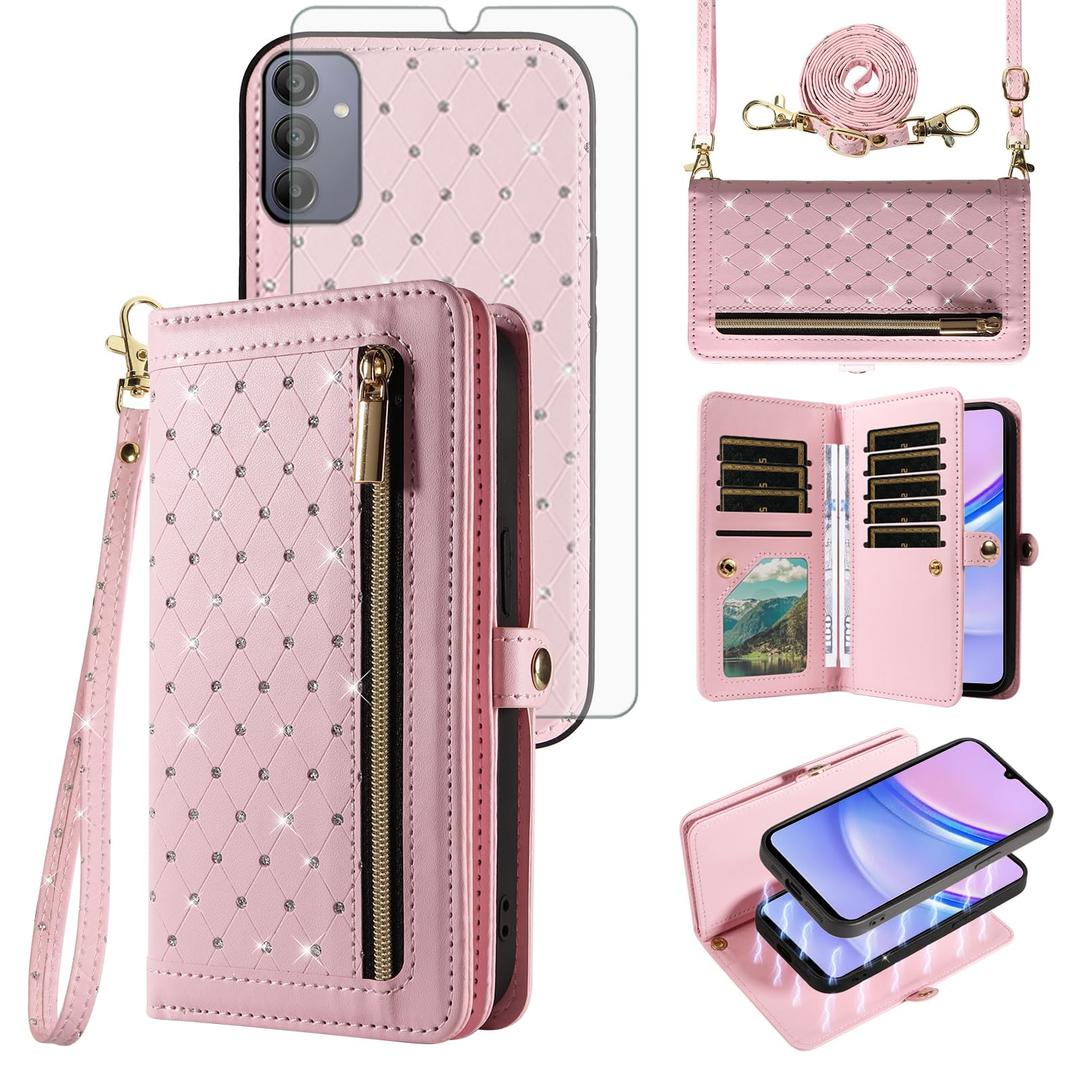 Asuwish Phone Case for Samsung Galaxy A15 5G/4G Zipper Wallet Detachable Magnetic Cell Cover with Tempered Glass Screen Protector Crossbody Strap Bling Flip Credit Card Holder A 15 G5 15A Women Pink