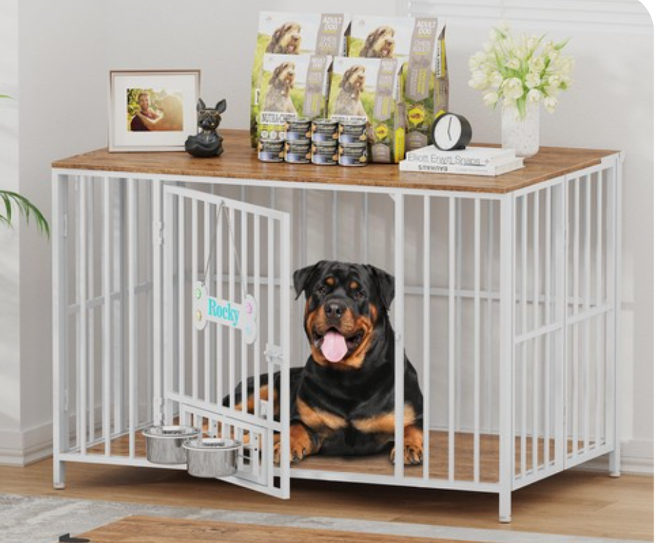 Lyromix 43" Foldable Dog Crate Furniture, No Assembly Large Dog Kennel Furniture for Medium and Large Breed, Chew-Proof XL Wooden Dog Cage as Side End Table, White