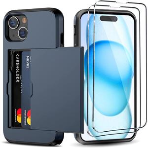 for iPhone 15 Plus Wallet Case with Card Holder + 2 Tempered Glass Screen Protector, Heavy Duty Protective Dual Layer Shockproof Hidden Card Slot Slim Case Women Men 6.7 inch (Blue)
