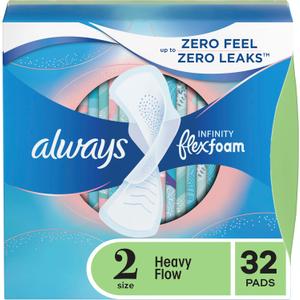Always Infinity Feminine Pads for Women, Size 2 Heavy Flow Absorbency, with Flexfoam, with Wings, Unscented, 32 Count
