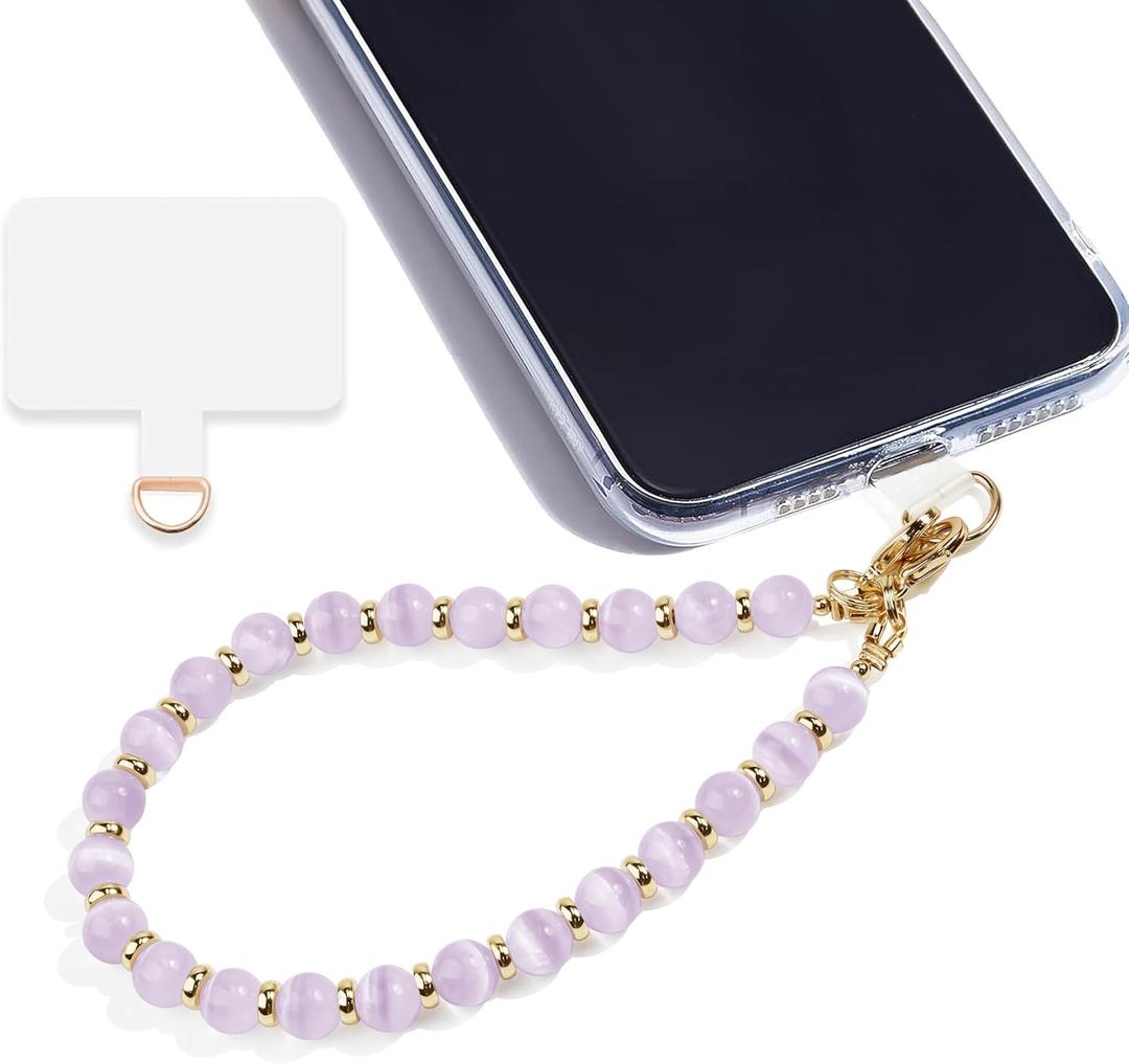 Lostars Marble Beaded Phone Wrist Strap,Detachable Phone Bracelet Strap with Tether Tab,Hands-Free Wristlet Strap (Light Purple Cat's Eye)