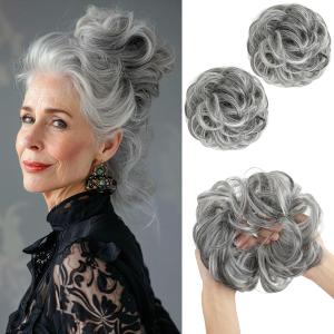 SARLA 2PCS Messy Hair Bun Hair Pieces Wavy Curly Synthetic Updo Fake Scrunchies Pony Tail for Women Dark Grey