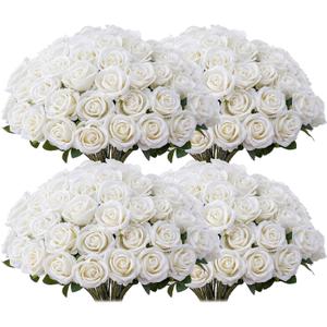 100 PCS Fake White Roses, Artificial Flowers Bulk Realistic Silk Faux Ivory Rose with Stems for Wedding Decorations Table Centerpieces Bridal Bouquet DIY Floral Arrangement Event Party Home Decor