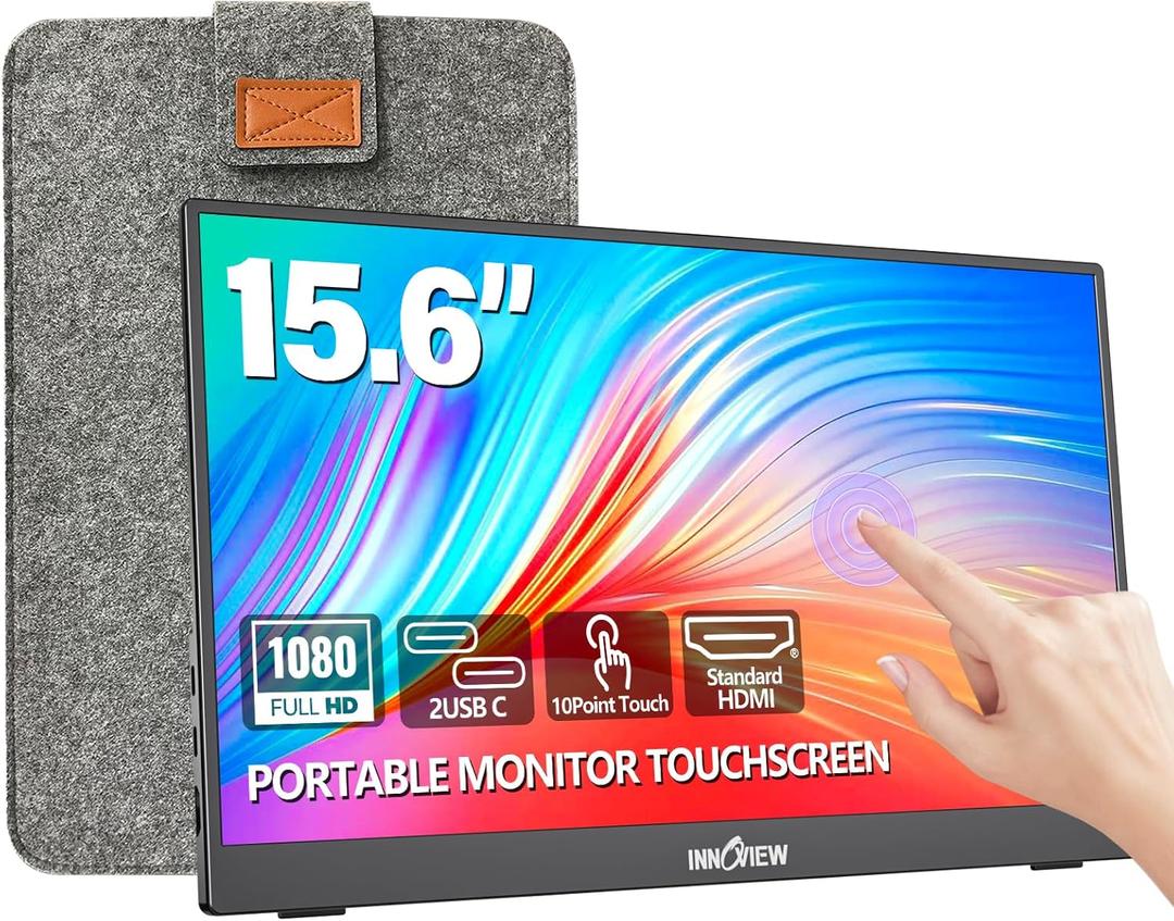 InnoView 15.6" Portable Monitor 60Hz Touchscreen 1080P 10-Point Touch Screen Monitor Portable with Protective Sleeve Built-in Stand, 1200:1 HDMI USB C Travel Monitors for Laptop, PC, Phone