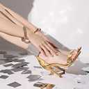 Women's High Heel Sandals Open Toe Ankle Tie Dressy Heeled Sandals for Prom, Party, Evening Events, 3.93 Inch Comfortable Thin Block Heels (Gold, L)