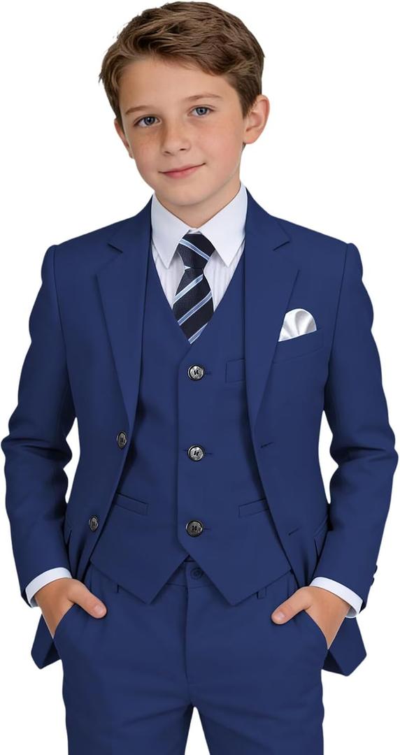 Boys' Suit Kids Formal Tuxedo Suits Set for Boys 6 Piece Dress Clothes Easter Wedding Outfit with Tie Pocket Square, 10, Navy Blue