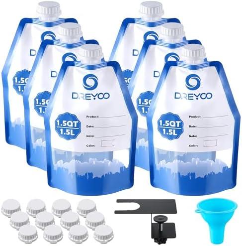 Dreyoo 6 Pack Paint Storage Bags with Funnel and Filler Clip, 1.5L Reusable Storage Bags for Leftover Water Based Paint, Airtight Clear Pouches Containers, for Home DIY Professional Painters