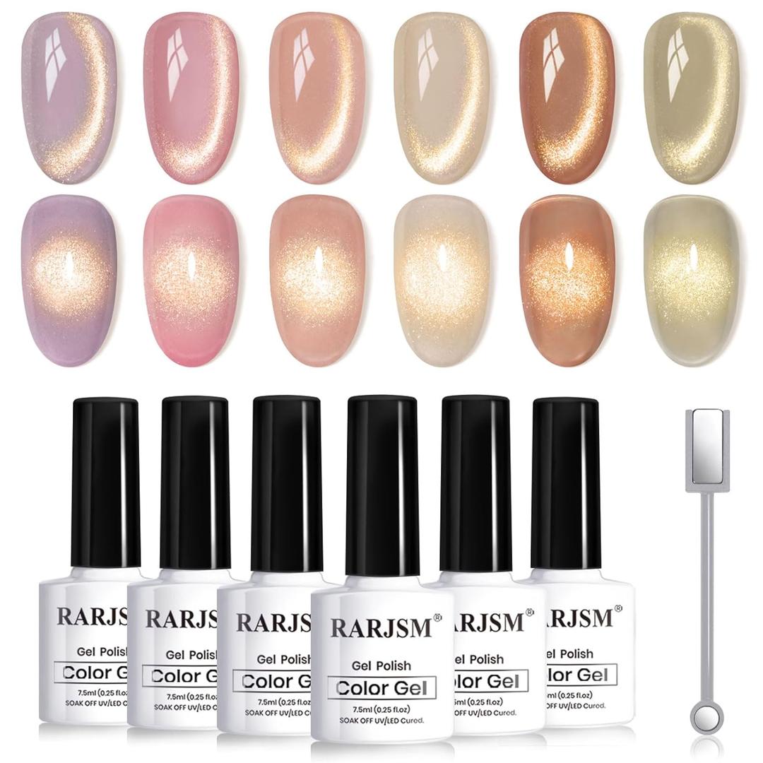RARJSM Gold Glitter Cat Eye Gel Nail Polish Set 6Pcs Nude Pink Light Purple Brown Gray Green Velvet Ice Jelly Glitter Cateye Gel Polish with Magnetic Stick UV LED Curing Require Home Salon Nails