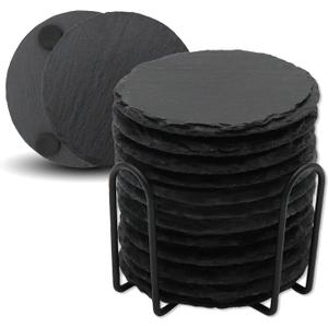 12 Pack Slate Drink Coasters with Metal Holder, VIBRATITE 4 Inch Black Slate Stone Coasters Bulk Laser Engraving Blanks with Anti-Scratch Bottom for Drink Coffee Bar Kitchen Home Decor, Round