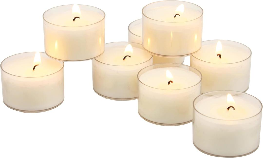 Stonebriar 96 Count White Unscented Smokeless Long Burning Clear Cup Tea Light Candles with 6 to 7 Hour Burn Time (96 Pack)
