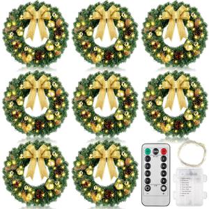 Ceenna 8 Pcs Lighted Christmas Wreath 14 Inch Pre Lit Artificial Christmas Wreath with Battery Operated LED Light and Timer for Xmas Front Door Outdoor Window Holiday Party Decor(Classic Bow)