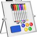 Dry Erase White Board, Cazeyoo Magnetic Desktop Whiteboard 10 x 10inch with Stand, 8 Markers, 4 Magnets and 1 Eraser, Portable Double-Sided White Board for Kids Drawing, Office, Home, School (Metal)