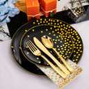 U-QE 350PCS Black Gold Plastic Plates - Halloween Black Plastic Dinnerware Sets for 50 Guests - 100 Disposable Plates, 150 Silverware, 50 Cups, 50 Napkins for Halloween & Wedding & Party