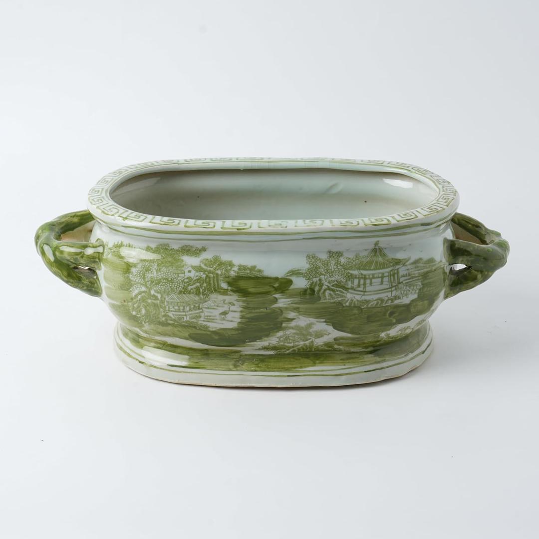 JINDEZHEN Vintage Blue and White Flower & Birds Porcelain Footbath Planter Chinoiserie Scenery Motif Ceramic Flower Pot (Green)