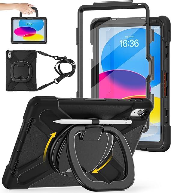 BATYUE Case for iPad (A16) 11th/10th Gen 11''/10.9'' 2025/2022 | Matte Frosted Shockproof Protective Cover with 360° Rotating & 180° Folding Stand, Shoulder Strap & Pencil Holder | Black