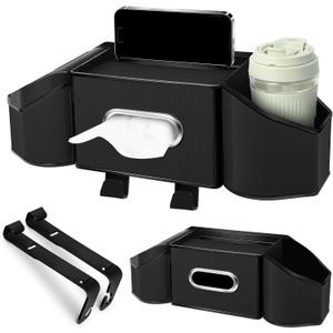 7-In-1 Car Seat Back Organizer with Cup Holders, Tissue Box, Garbage Can&Hooks, Multifunctional Headrest Storage Organizer, Headrest Cup Holder for Backseat, Car Accessories for Trips, Travels(Black)