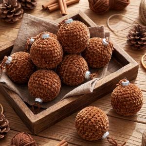 8 Pcs Brown Crochet Christmas Ornaments Balls 3.15 Inch Velvet Knitted Balls Ornaments Handmade Crochet Decoration for Xmas Tree Farmhouse Decor