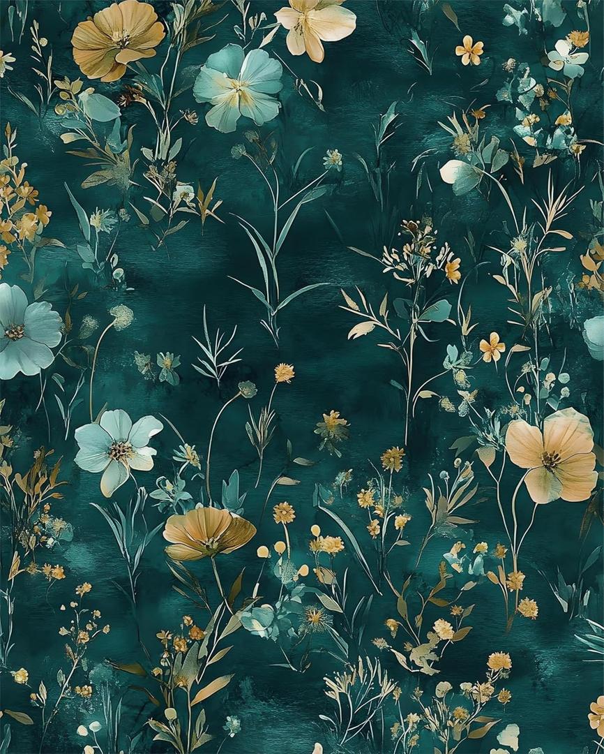 Vintage Floral Peel and Stick Wallpaper Boho Wallpaper 17.5''x393'' Teal/Blue/Yellow Wildflowers Vinyl Contact Paper Waterproof Self Adhesive Modern Stick on Wall Paper for Bedroom Wall Table Cabinet