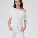 SUUKSESS Off the Shoulder Tops for Women Short Sleeve Asymmetrical Top Trendy Summer Going Out T-Shirts (White, M)