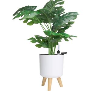 6.5" Self Watering Planters (2 Pack) for Indoor Plants with Water Indicator, White Modern Flower Pot with Wood Stand for Office Home Decor Garden