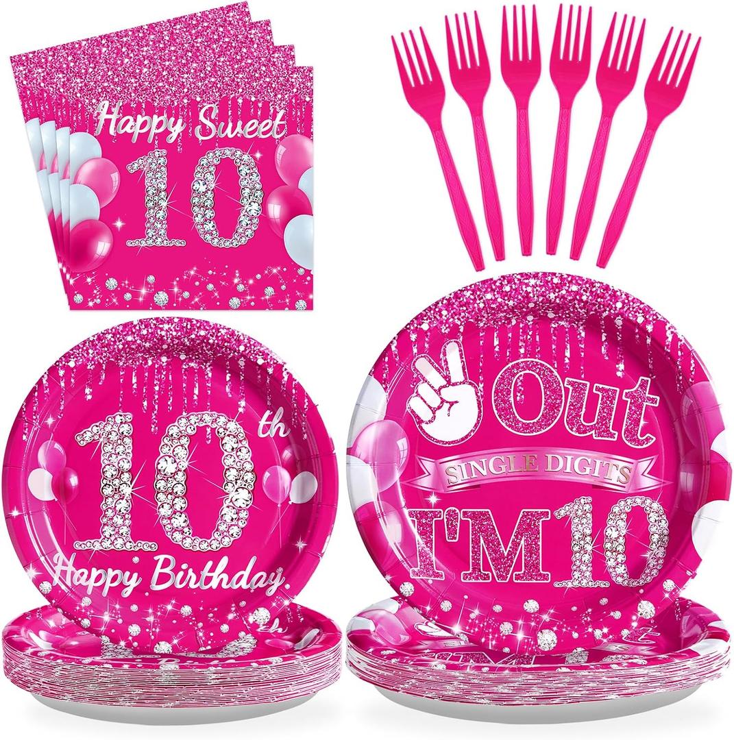 Grencian 96Pcs 10th Birthday Decorations for Girls Hot Pink 10th Birthday Party Plates Disposable Double Digits Paper Tableware for Girl 10 Year Old Happy Birth-day Party Supplies, Serves 24