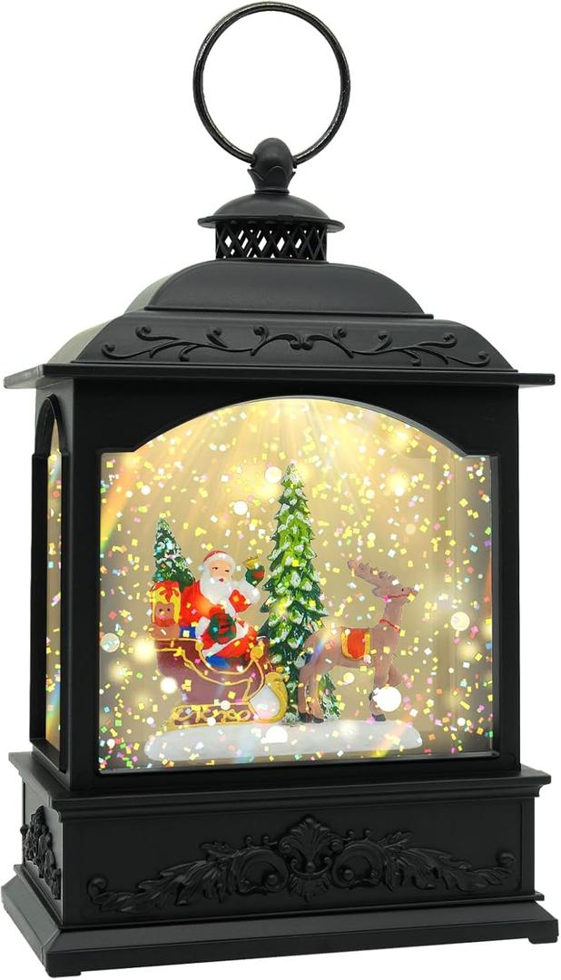 Christmas Snow Globe Lantern with Music & Timer, Santa LED Glitter Lantern, Battery Operated Christmas Globe Decoration, Fall Holiday Decor for Home (Black 1)