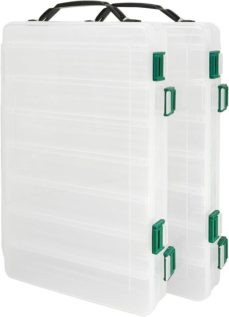 Double-Sided Fishing Lure Hook Tackle Box Visible Hard Plastic Clear Fishing Lure Bait Squid Jig Minnows Hooks Accessory Storage Case Container (Clear-14 Slots 2Pcs)