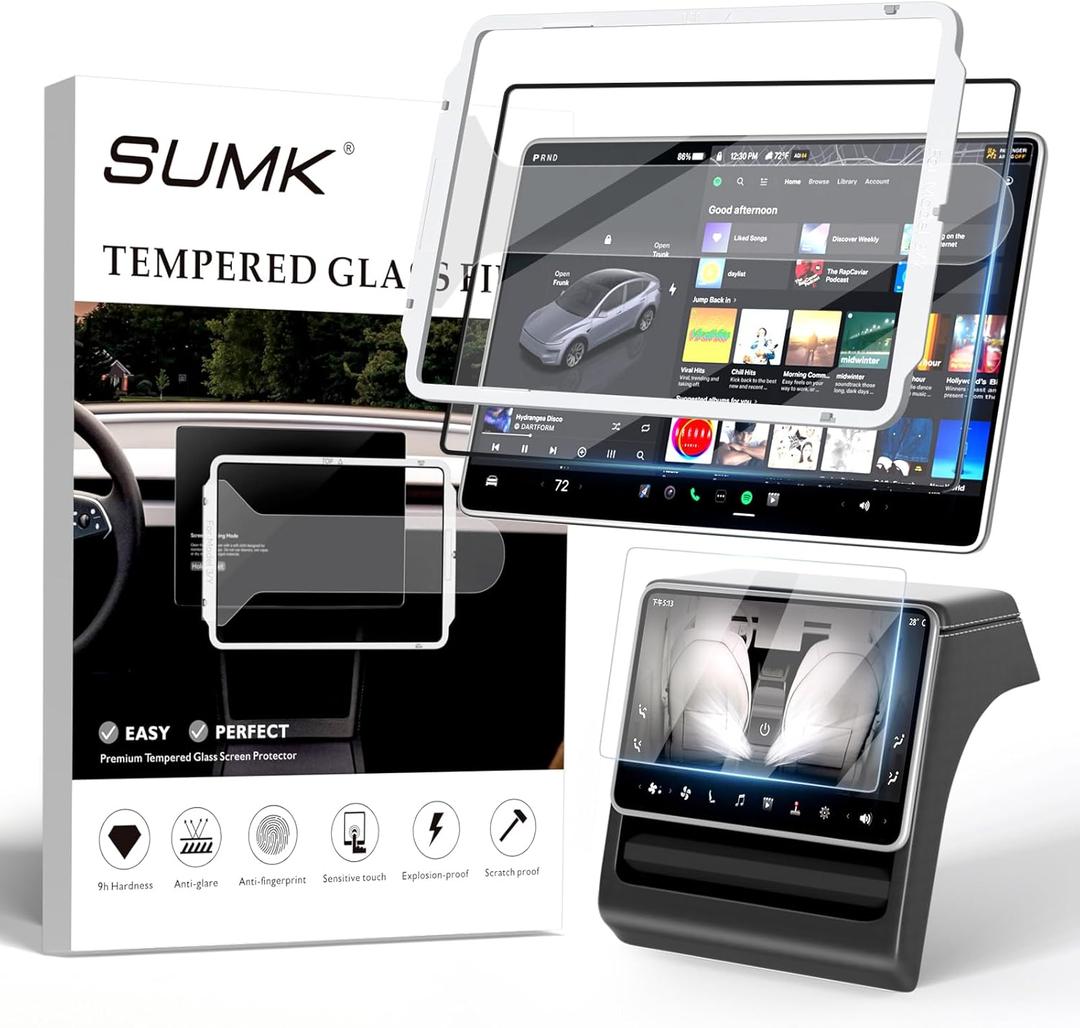 SUMK Tempered Glass Screen Protector for Tesla Model Y Juniper Accessories 2026 & for Tesla Model 3 Highland Accessories 2024 2025 [HD & 9H Anti-scratch] - 2pcs [Glossy]