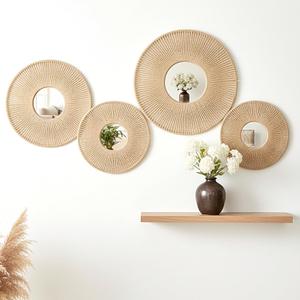 Oqqlin 4 Pcs Boho Mirror Wall Hanging Decor, 11.8 Inch/9.8 Inch Boho Woven Wall Mirrors Rustic Round Mirror Decor for Bedroom, Living Room, Hone, Hotel