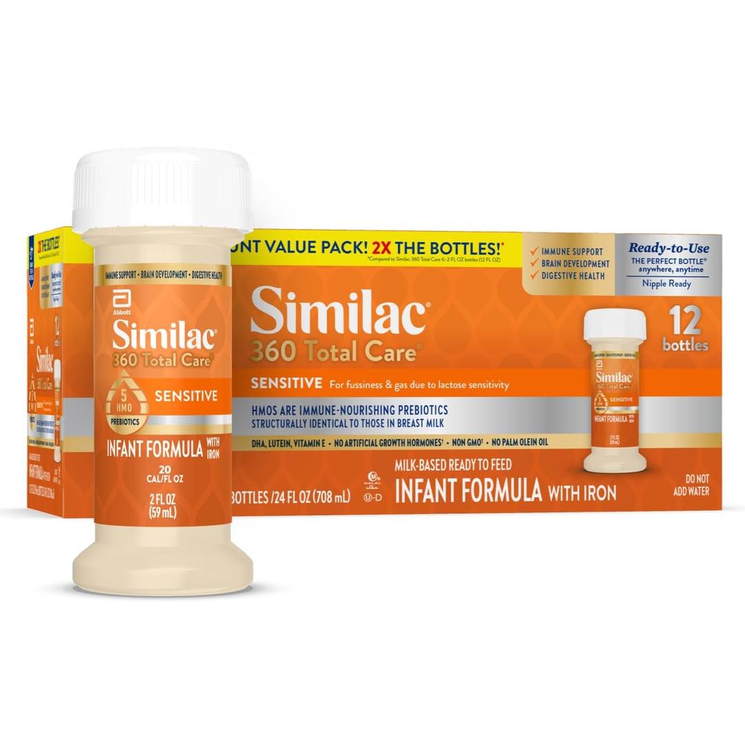 Similac 360 Total Care Sensitive Infant Formula for Fussiness & Gas Due to Lactose Sensitivity, Has 5 HMO Prebiotics, Baby Formula, Ready to Feed, 2-fl-oz Bottle, Pack of 12 (EXP 05/20/27)