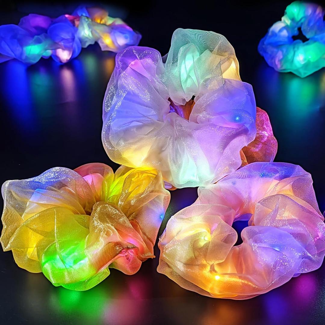 Light Up Scrunchies, Double-layer LED Hair Ties Glow in the Dark Party Supplies Glow Sticks Rave Accessories for Women Girls Neon Party, Fun Hair Accessories, Halloween Party Favor (4PCS-brown, yellow, champagne, pink)