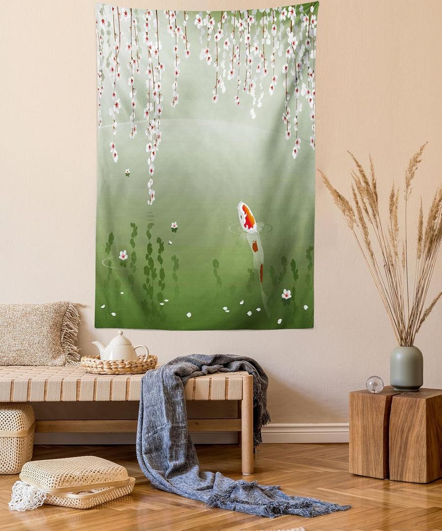 Lunarable Koi Fish Tapestry Queen Size, Japanese Koi Fish Painting Style Hanging Cherry Flowers Floating Leaves, Wall Hanging Bedspread Bed Cover Wall Decor, Queen Size, Orange White (88L" x 88W")