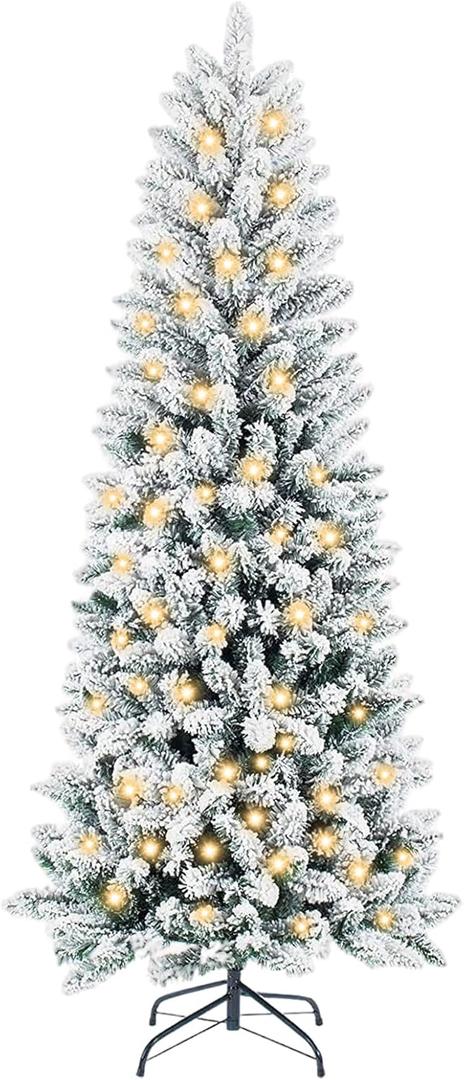 Sweetcrispy 6ft Snow Flocked Pencil Christmas Tree, Prelighted Artificial Slim Christmas Trees with 250 Incandescent Lights, 571 Branch Tips & Foldable Base for Home, Office, Party Decoration (Pencil-green & White)