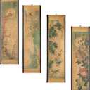 Wall Scroll Hanging Painting Decor, Chinese Traditional Art Set of 4 Vintage Flower Paintings Ancient Painting Replica, Plum Orchid Bamboo Chrysanthemum