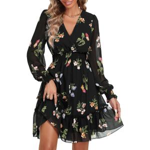 Prettywear Women's Floral Chiffon Long Sleeve Mini Dress Flowy A-Line Wrap Neck Tie Back Short Dress, Large