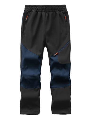 Buyboxs Kids Snow Pants Boys Waterproof Ski Pants Youth Winter Warm Fleece Lined Hiking Trousers Softshell Snowpants Black+Dark Blue-L