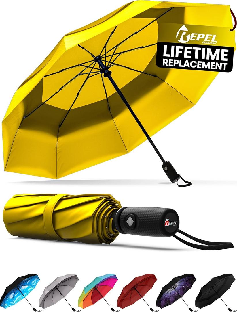 REPEL Windproof Travel Umbrella - Compact & Withstands Winds up to 85MPH , Strongest Premium Auto Folding Umbrella for Rain and Sun - Durable, Light & Portable for Women & Men , Fits Backpack & Cars (Yellow)