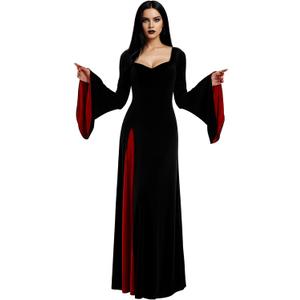 Halloween Costume Women, Black Gothic Maxi Gown, Long Sleeve Black Dress for Halloween Vampire Witch Cosplay Outfit (X-Large)