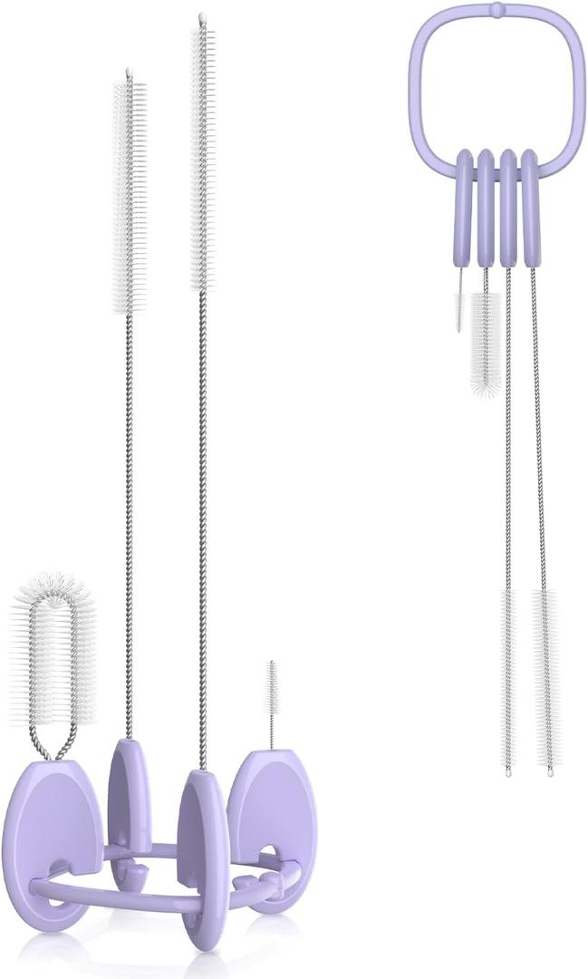 YOTIME Standing Straw Cleaner Brush Set, 4in1 Reusable Straw Brushes with Holder Ring, for Wide and Narrow Straws, Tumblers, Water Bottles and Cups, Purple