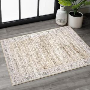 2x3 Warm Beige Light Warm Ivory Washable Rugs Soft Area Rug for Door mat Indoor, Non-Slip Indoor Door Mat Distressed Floral Low-Pile Neutral Vintage Carpet for Entrance Kitchen Farmhouse