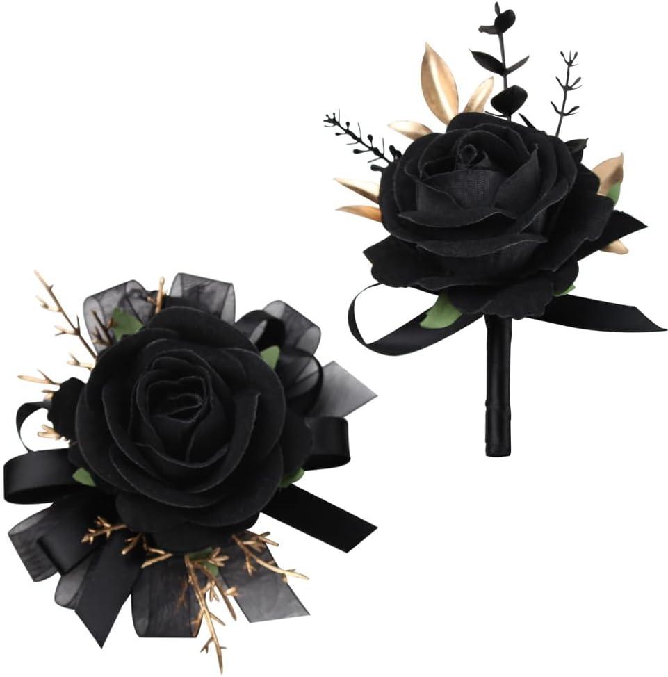 2Pcs Corsage and Boutonniere Set Rose Wrist Corsage Wristlet Band for Wedding Flowers Prom Party Homecoming Decoration (Black)